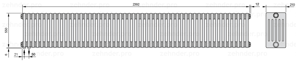 Схема (чертеж) Радиатор Zehnder Charleston 6055/52 №3370 Белый глянцевый RAL 9016